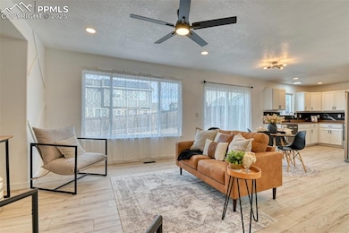 Living area featuring light wood finished floors, a textured ceiling, ceiling fan, and recessed lighting