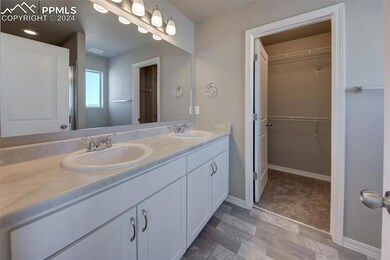 Bathroom with hardwood / wood-style floors and van