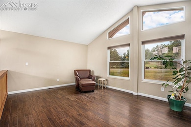 Living area featuring vaulted ceiling, wood finished floors, and a textured ceiling