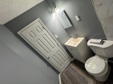 Bathroom featuring vanity, toilet, and wood finished floors