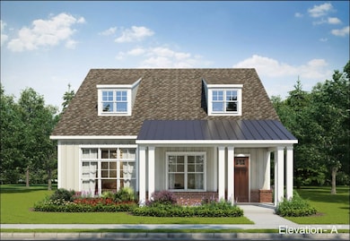 View of front of property featuring board and batten siding, a front lawn, brick siding, and a porch