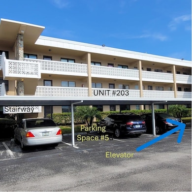 Park in Carport 5 or one of the visitor spots. The unit is high and dry on the 2nd Floor! Stairway is close by on the left. The elevator, mailboxes, and storage are at the end of the building on the right.