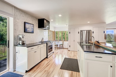 Kitchen featuring dark countertops, stainless steel appliances, healthy amount of natural light, and recessed lighting
