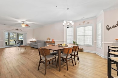 Dining room featuring ornamental molding, healthy amount of natural light, light wood-type flooring, and ceiling fan