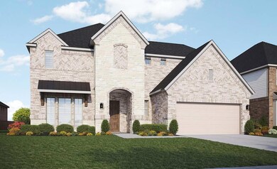 French country home with driveway, a front lawn, 
