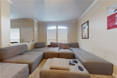 Living area featuring carpet floors and crown mold