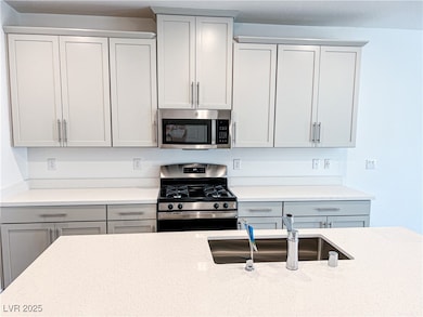 Kitchen with stainless steel appliances, gray cabi