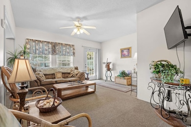Living room featuring ceiling fan and a textured c