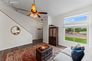 Living area with wood finished floors, a ceiling fan, and a textured ceiling