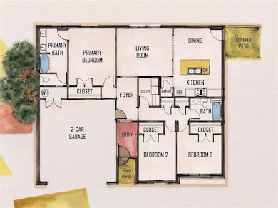 Illustrated floorplan featuring 3 bedrooms, 2 baths, 2 car garage, and plenty of storage. Spacious kitchen island and great views from the open living area. Floorplan may be in reverse on lot.