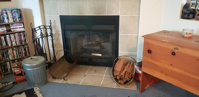 wood burning fireplace in living room