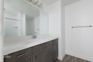 Full bathroom with vanity and dark wood-style flooring
