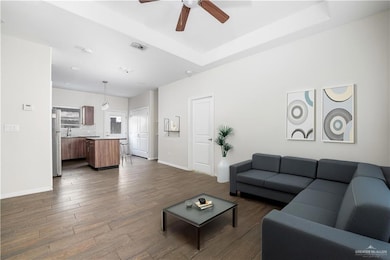 Living room featuring dark hardwood / wood-style floors, ceiling fan, sink, and a tray ceiling