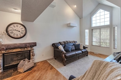 Living area featuring high vaulted ceiling, light wood finished floors, and a fireplace