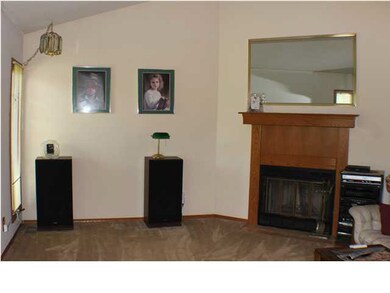 Living Room w/ Wood Burning Fireplace + Vaulted Ce