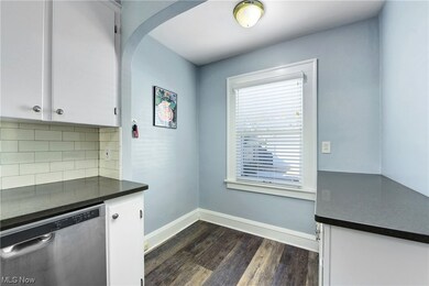 Kitchen featuring dishwasher, tasteful backsplash, dark wood-type flooring, and white cabinetry