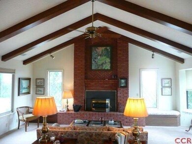 Open living room with vaulted ceilings and numerou
