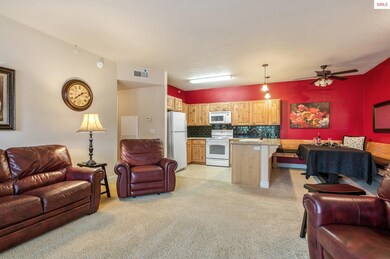 Living Room view with a functional kitchen!
