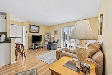 Living room with a textured ceiling and light wood