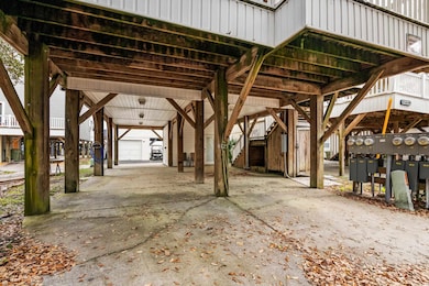 Exterior space with stairs and an outbuilding