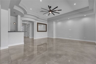 living room with ceiling fan, recessed lighting, a