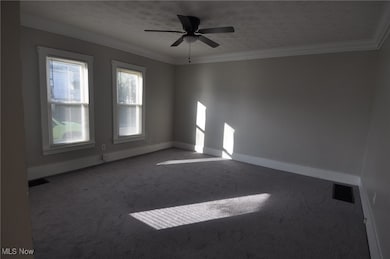Living room with crown molding, mini blinds, new carpet flooring, new ceiling fan, and a textured ceiling