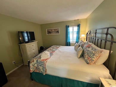 Carpeted bedroom with a textured ceiling and baseboards