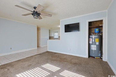 Unfurnished room featuring crown molding, tile patterned floors, a textured ceiling, carpet flooring, and electric water heater