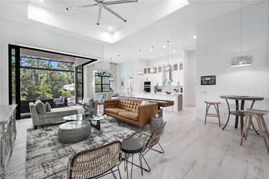 Living room with ceiling fan and a tray ceiling