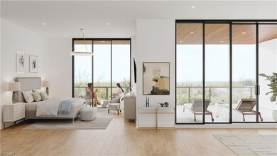 Bedroom with floor to ceiling windows and light ha