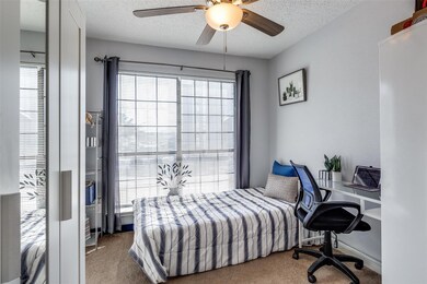 Carpeted bedroom with ceiling fan, multiple window