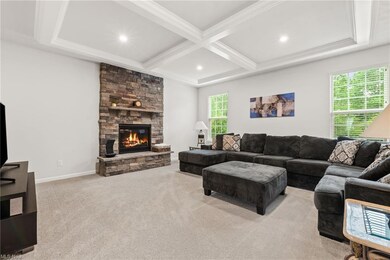 Family room with coffered ceiling, light carpet, a