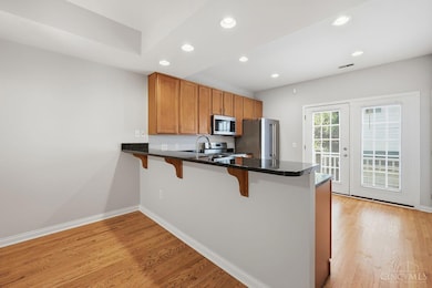 Another View Of The Hard Wood Floor, Kitchen Cabinets, Counter, Recess Lights and Walk-Out.