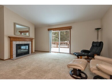 Family room with fireplace and view of wooded acre