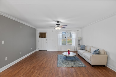 Living room featuring a ceiling fan, crown molding