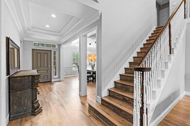 Foyer featuring wood-type flooring, a raised ceiling, and ornamental molding