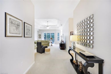 Hallway featuring a tray ceiling and carpet floori