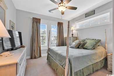 Carpeted bedroom featuring multiple windows and ce
