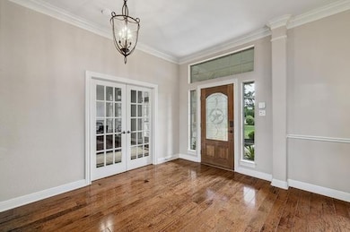 Foyer with baseboards, ornamental molding, french