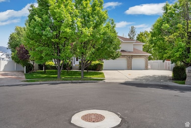 View of property hidden behind natural elements featuring concrete driveway, stucco siding, and a shingled roof