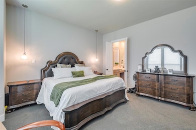 Carpeted bedroom featuring connected bathroom