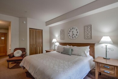 Carpeted bedroom featuring a closet