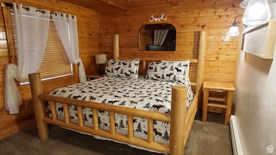 Carpeted bedroom with wooden walls and baseboard heating