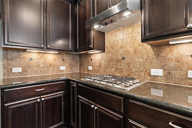 Kitchen featuring dark brown cabinets, under cabinet range hood, tasteful backsplash, and dark stone countertops