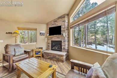 Living area featuring a stone fireplace, lofted ce