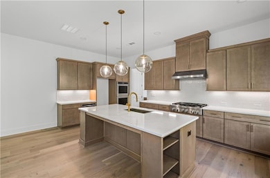 Kitchen featuring a sink, under cabinet range hood, stainless steel appliances, light wood-type flooring, and open shelves