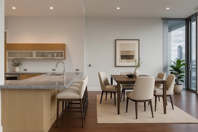 Dining area with recessed lighting, a wall of windows, and dark wood-type flooring