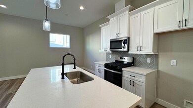 Island in kitchen has a sink with beautiful sleek