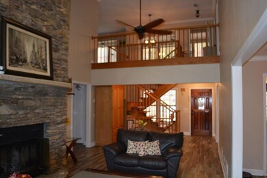 Living room featuring wood-type flooring, a stone 