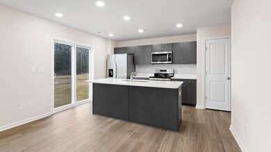 Island kitchen with gray cabinets and glass sliding door in a DRB Homes Glenshaw plan at The Village of College Park.
